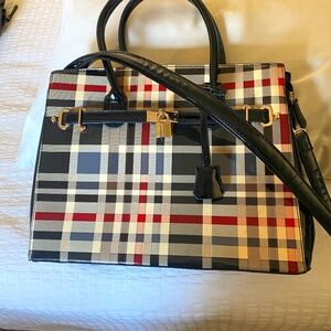 Large plaid and black patent tote bag/purse